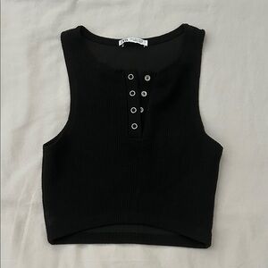 Zara Black Ribbed Crop Top with Button Detail